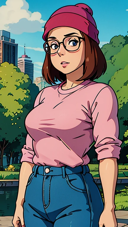 (1girl, Meg Griffin), (extremely detailed CG unit 8k wallpaper),(master part), (best quality), (ultra detail), (best illustration),(ghibli style), cowboy shot, (Sharp eyeliner, ombre, detail eyes:1), city park, outdoors , break , (GHIBLI_Background), upper body, shortstack
Glasses
Aquiline nose
Brown hair
Lips
Looking at viewer, blue pants, beanie, pink shirt