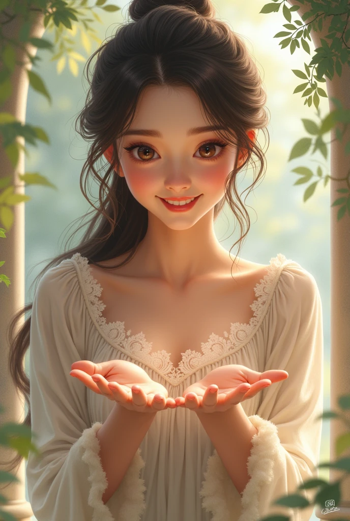 Beautiful young woman smiling and pointing with her hands to see what is below