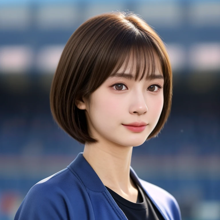 (kawaii 24 year-old Japanese girl, Nogizaka idol, Korean idol), healthy female athlete body, (glossy brown hair, short hair, pixie cut, bangs:1.3), (rounded face, beautiful black eyes, single eyelid, no makeup:1.2), (looking at away, empty eyes, sigh:1.3), (wearing light blue track jacket, sweat jogger pants:1.3), perfect shaped extra small breasts, BREAK, (track and field stadium background), (dynamic angle, bust shot:1.2),  BREAK, (masterpiece, best quality, photo realistic, official art:1.4), (UHD, 8K quality wallpaper, high resolution, raw photo, golden ratio:1.3), (shiny skin), professional lighting, physically based rendering, award winning, (highly detailed skin, extremely detailed face and eyes), Carl Zeiss 85 mm F/1.4, depth of field, 1girl, solo,