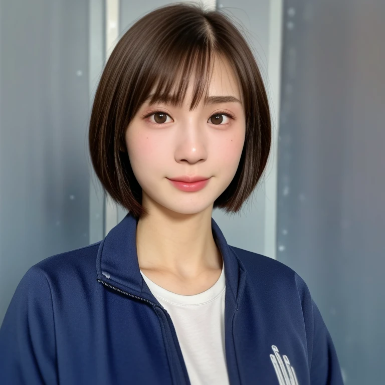 (kawaii 24 year-old Japanese girl, Nogizaka idol, Korean idol), healthy female athlete body, (glossy brown hair, short hair, pixie cut, bangs:1.3), (rounded face, beautiful black eyes, single eyelid, no makeup:1.2), (looking at away, empty eyes, sigh:1.3), (wearing light blue track jacket, sweat jogger pants:1.3), perfect shaped extra small breasts, BREAK, (track and field stadium background), (dynamic angle, bust shot:1.2), BREAK, (masterpiece, best quality, photo realistic, official art:1.4), (UHD, 8K quality wallpaper, high resolution, raw photo, golden ratio:1.3), (shiny skin), professional lighting, physically based rendering, award winning, (highly detailed skin, extremely detailed face and eyes), Carl Zeiss 85 mm F/1.4, depth of field, 1girl, solo,