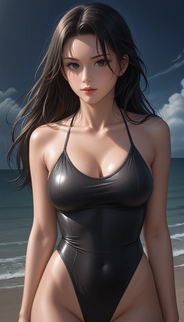 score_9, score_8_superior, score_7_superior, High resolution 3D anime style,A masterpiece in 32K resolution,Highest quality,it is really amazing,Very detailed,Ultra-high resolution,Ultra-realistic,Realistic,Increased depth of field,Cinematic lighting,
Sexy mature Japan woman,
Glossy black hair,Wavy long hair,Showing his forehead,god々Beautiful,Ultra-detailed and beautiful face,Sensual look,Beautiful dark brown, moist eyes,Pitch black eyes,Glowing, moisturized skin,Translucent white skin,born々New skin texture,Great proportions,
Black high leg swimsuit,
Bold design,born地の詳細な質感,
A seaside scene at dusk,Dark clouds filling the sky,Thundercloud,Coastline at night,Orange reflections on the sea surface,delay々A desolate sandy beach that continues,
Cinematic Angle,