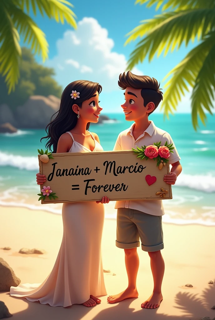 Janaina + Marcio = FOREVER written on a sign on the beach