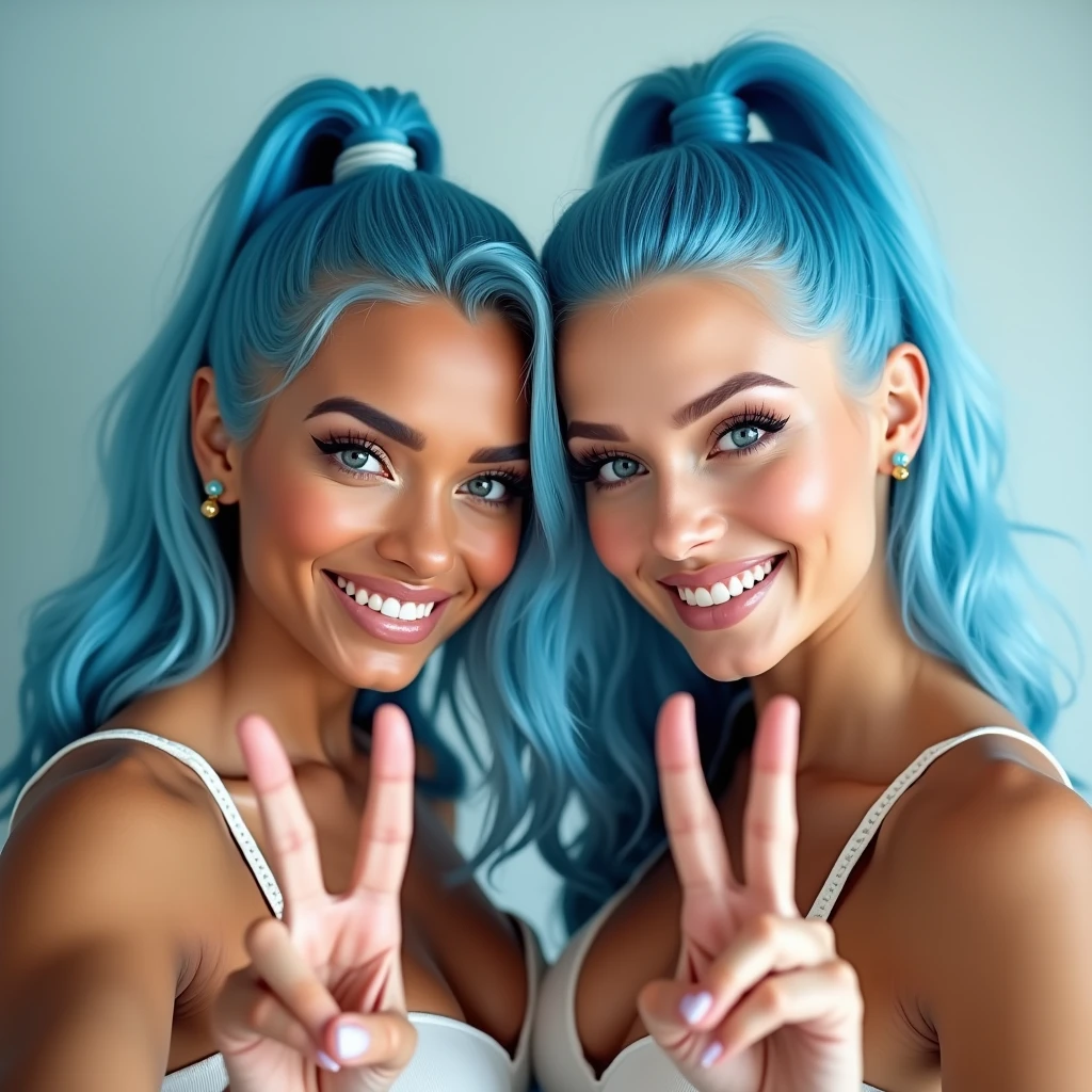 1 smiling Beautiful biracial latina woman long light blue hair light blue eyes and large breasts in front of 1 smiling beautiful white woman ponytail blue hair light blue eyes and large breasts do V sign with her hands,Résolution Haute, selfie