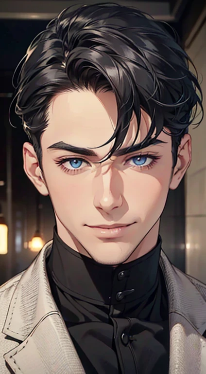 a mature man with short grey Black hair, blue eyes, 31 years, and a perfect face, smiling in love, CEO, cinematic lighting, 1:4 HDR image, top view, ultra detailed, best quality, masterpiece, 8K, photorealistic, beautiful image