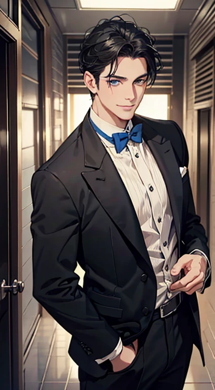 a mature man with short grey Black hair, blue eyes, 31 years, and a perfect face, smiling in love, CEO, cinematic lighting, 1:4 HDR image, top view, ultra detailed, best quality, masterpiece, 8K, photorealistic, beautiful image