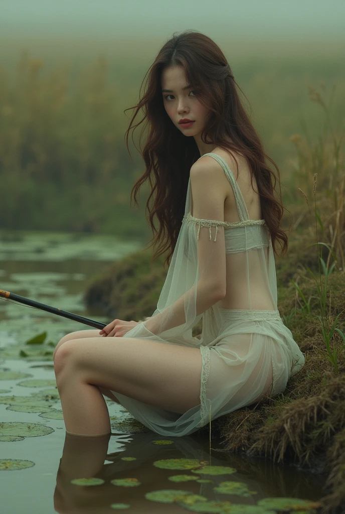 adult women, in an open field, brown hair style, In a muddy lake, green lagoon with algae, She was wearing a white dress, wearing a panty, With a short fishing rod and sitting by the lake, dark and gloomy atmosphere, Transparent dress, realist, intricate details, warm color environment