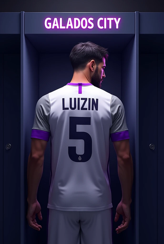 football locker room with a football player's cabin in this cabin there will be a white shirt with purple details (minimalists) on the collar and at the tip of the sleeve the shirt must be showing the back with the name LUIZIN highlighted and the shirt number must be number 5, the cabin at the top must contain the name of the club which is GALADOS CITY, all ambient light must be off, only the light of the sign with the name GALADOS CITY and a low light above the shirt indicating prominence must be on. (The image should be centered and not too far away) and the player with slightly dark skin, short black hair with a gradient and a beard showing that he cares about the current fashion style must be wearing pre-game clothes different from the shirt that is hanging in the locker room, the one he is wearing is gray with purple details on the sleeve and collar of the shirt and on the shorts, the player in the image must be looking at the shirt from the back (indicating pre-game concentration)