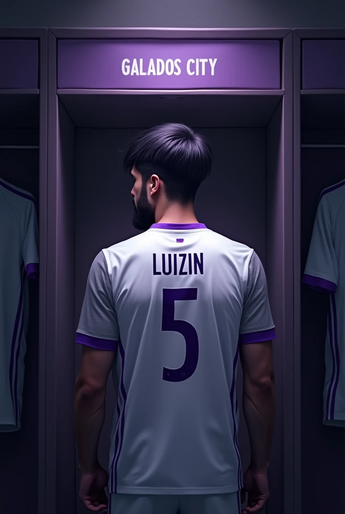 football locker room with a football player's cabin in this cabin there will be a white shirt with purple details (minimalists) on the collar and at the tip of the sleeve the shirt must be showing the back with the name LUIZIN highlighted and the shirt number must be number 5, the cabin at the top must contain the name of the club which is GALADOS CITY, all ambient light must be off, only the light of the sign with the name GALADOS CITY and a low light above the shirt indicating prominence must be on. (The image should be centered and not too far away) and the player with slightly dark skin, short black hair with a gradient and a beard showing that he cares about the current fashion style must be wearing pre-game clothes different from the shirt that is hanging in the locker room, the one he is wearing is gray with purple details on the sleeve and collar of the shirt and on the shorts, the player in the image must be looking at the shirt from the back (indicating pre-game concentration)