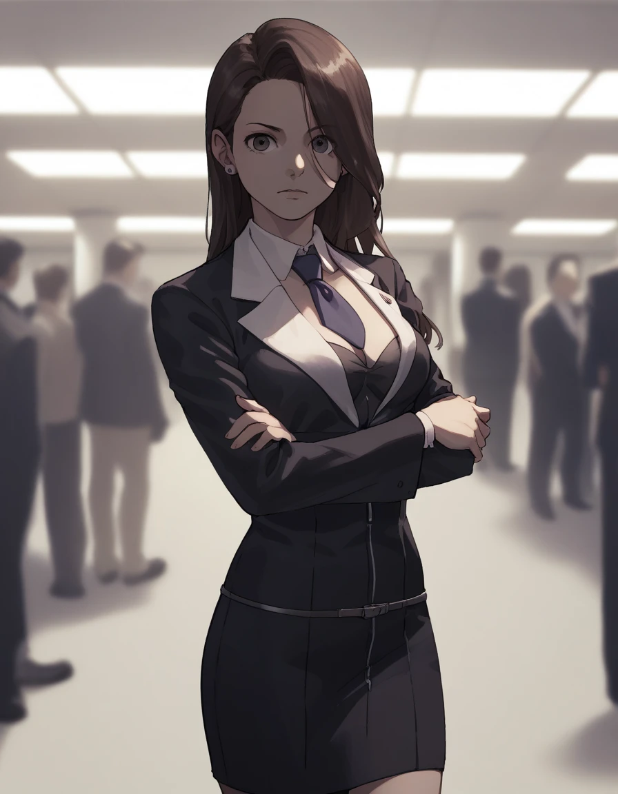 score_9, score_8_up, score_7_up, score_6_up, score_5_up, score_4_up,
aamia, black jacket, suit jacket, skirt suit, necktie, three-piece suit, waistcoat, open jacket
furrowed brow, shadow over face, crossed arms, looking at viewer, office.