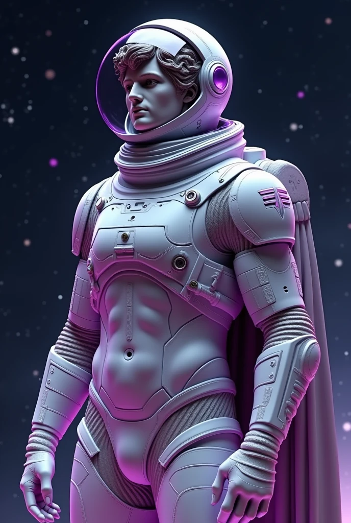 GREEK STATUE DRESSED IN AN ASTRONAUT OUTFIT WITH PURPLE DETAILS