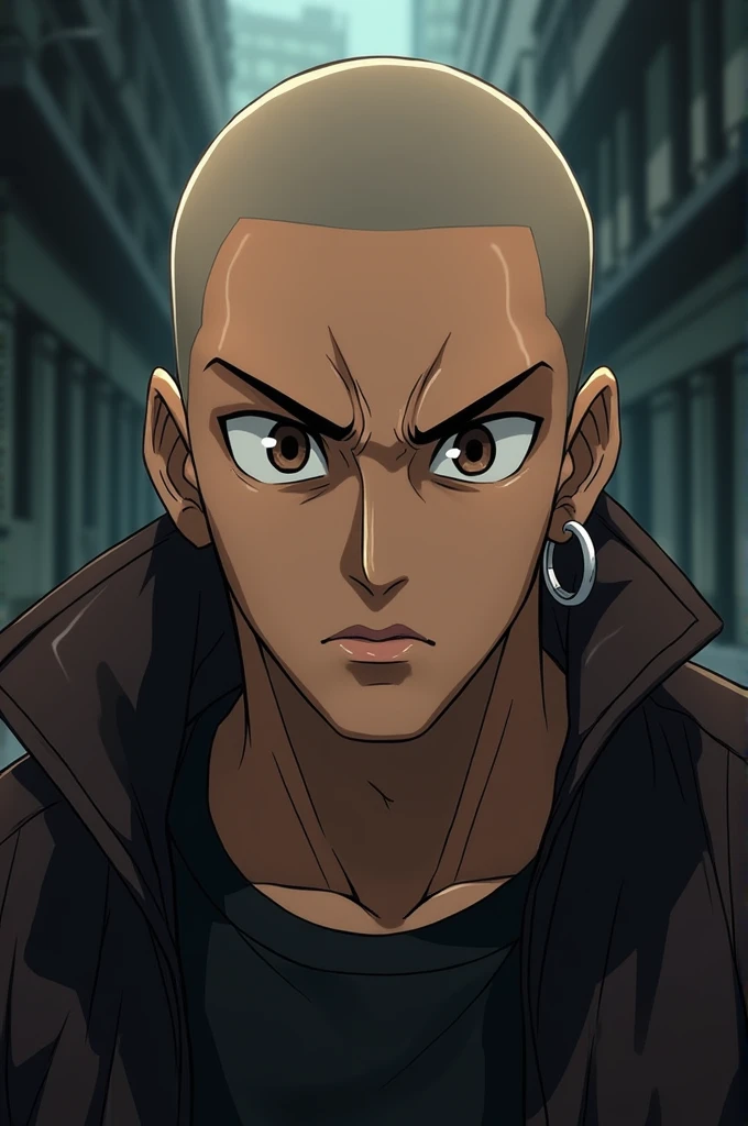 A character with bald anime features with earrings in his left ear and a tough guy face 