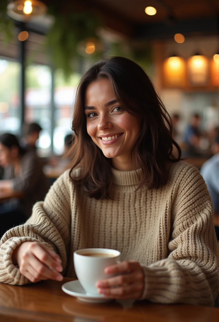 Gorgeous 20 year old girl, with straight hair, Poil long, brown-hair, Brown eyes, métis, generous chest, tenant dans sa main café, dans un starbucks, realistic, smiling, habillé avec un sweat large, espagnole, with other people