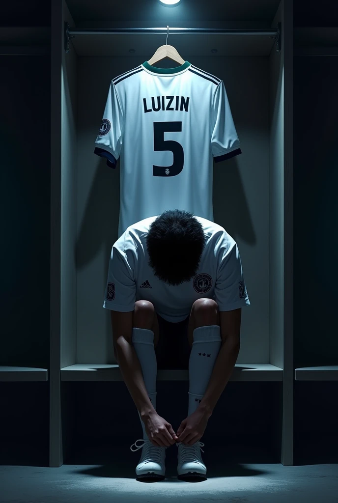 Make an image of ONE player tying his boots alone, with lights completely obscuring his face and him with short black hair, the locker room is dark and the spotlights are shining on him and the Galados City team, uniform in white and purple colors and I want you to put a shirt behind and on top of it with the number 5 and the name LUIZIN. Make your surroundings completely dark. LET HIM keep his head completely down and focused, and I just want 1 shirt behind him. put the team name “Galados City” on a sign above the shirt and below the spotlight. let him sit on a bench. put on just 1 shirt and that shirt will be above it, on a coat rack and below the sign “Galados City”. the shirt above him in purple and white. put the player on his back and looking at his shirt fully focused, make him with medium dark skin and black features and straight hair