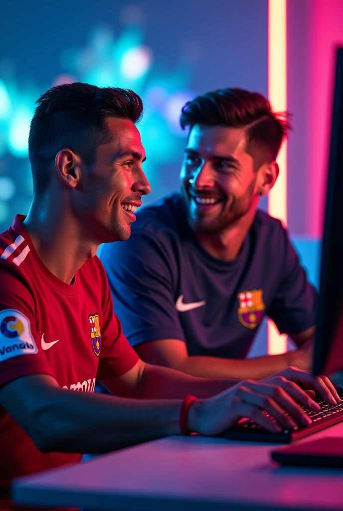 Generate me a screenshot of a YouTube channel cover of Cristiano Ronaldo streaming with Leonel Messi