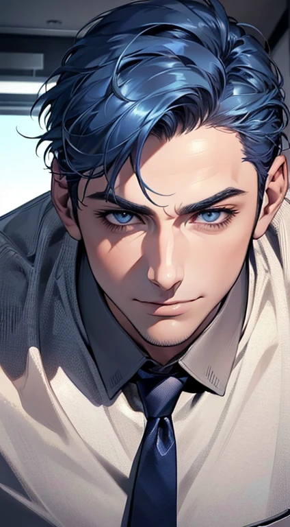 (best quality,4k,8k,highres,masterpiece:1.2),ultra-detailed,(realistic,photorealistic,photo-realistic:1.37),1 man,3,mature man,very handsome,without expression,smile,short blue hair,blue eyes,penetrating gaze,perfect face without errors,imposing posture,businessman,office background,cinematic lighting,hdr image