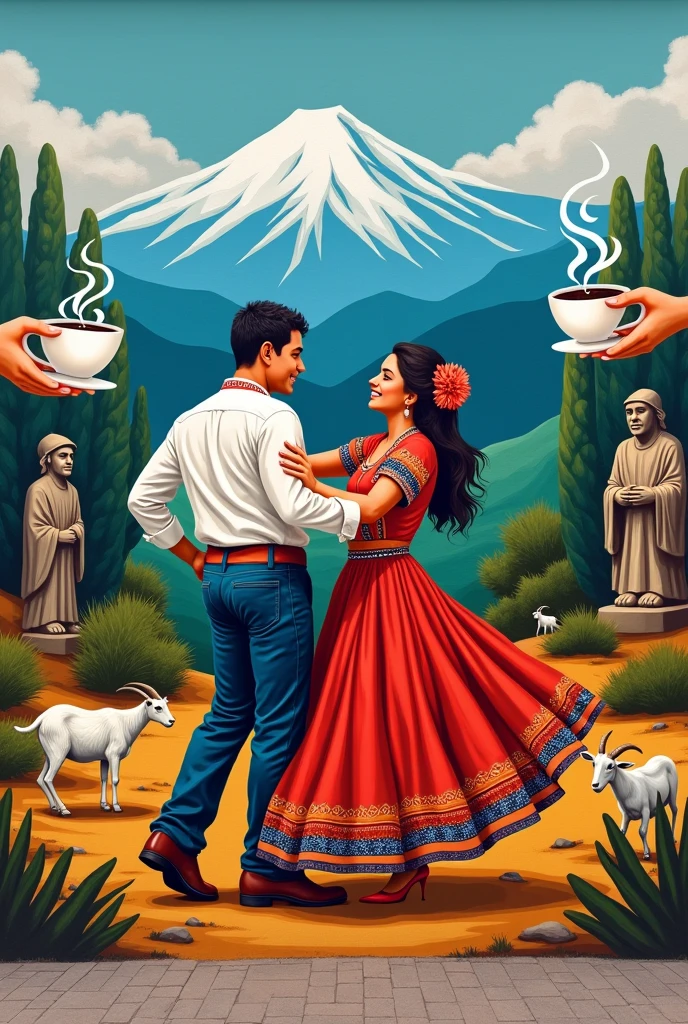 Please generate an image for me where there is a mural and that contains on the left side some hands holding coffee and in the background the snow-capped mountain of Huila. In the center there is a couple dancing the Sanjuanero from Huila and on the right side there are some small goats in the foreground, then in the background there are the statues of San Agustín and in the background the Tatacoa desert.