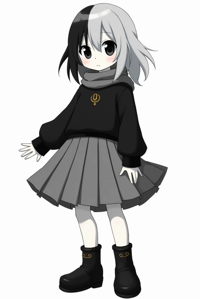 an amime-style boy with a round head, black eyes, long hair, half is gray, the other half is black, shirt with black long sleeves and a gray skirt with an iron bol base, with white skin, full body with black boots