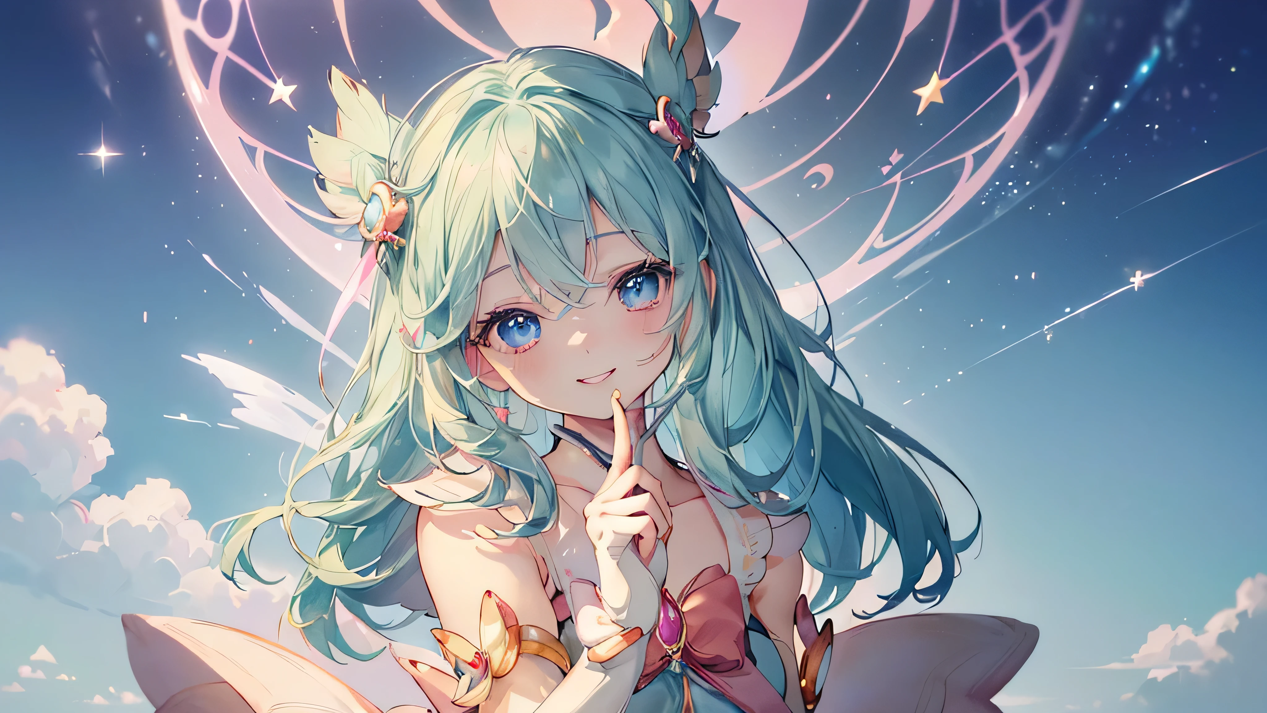 (Top view,Spread your hands), (((Highest quality、masterpiece、Ultra-fine、Ultra-fine、髪UP,Green Hair,Exquisite、16K,顔UP,Look up,The best smile,Full HD,)), ( ((summer,One person,かわいいMagical girl,)))Blue Eyes、Long eyelashes、White skin、(Pale pink lips、Pale pink cheeks、thin and long)、 ((((かわいいMagical girl,The best smile)), (One person)) 、(blue sky)) 、 ((Magical girl)、