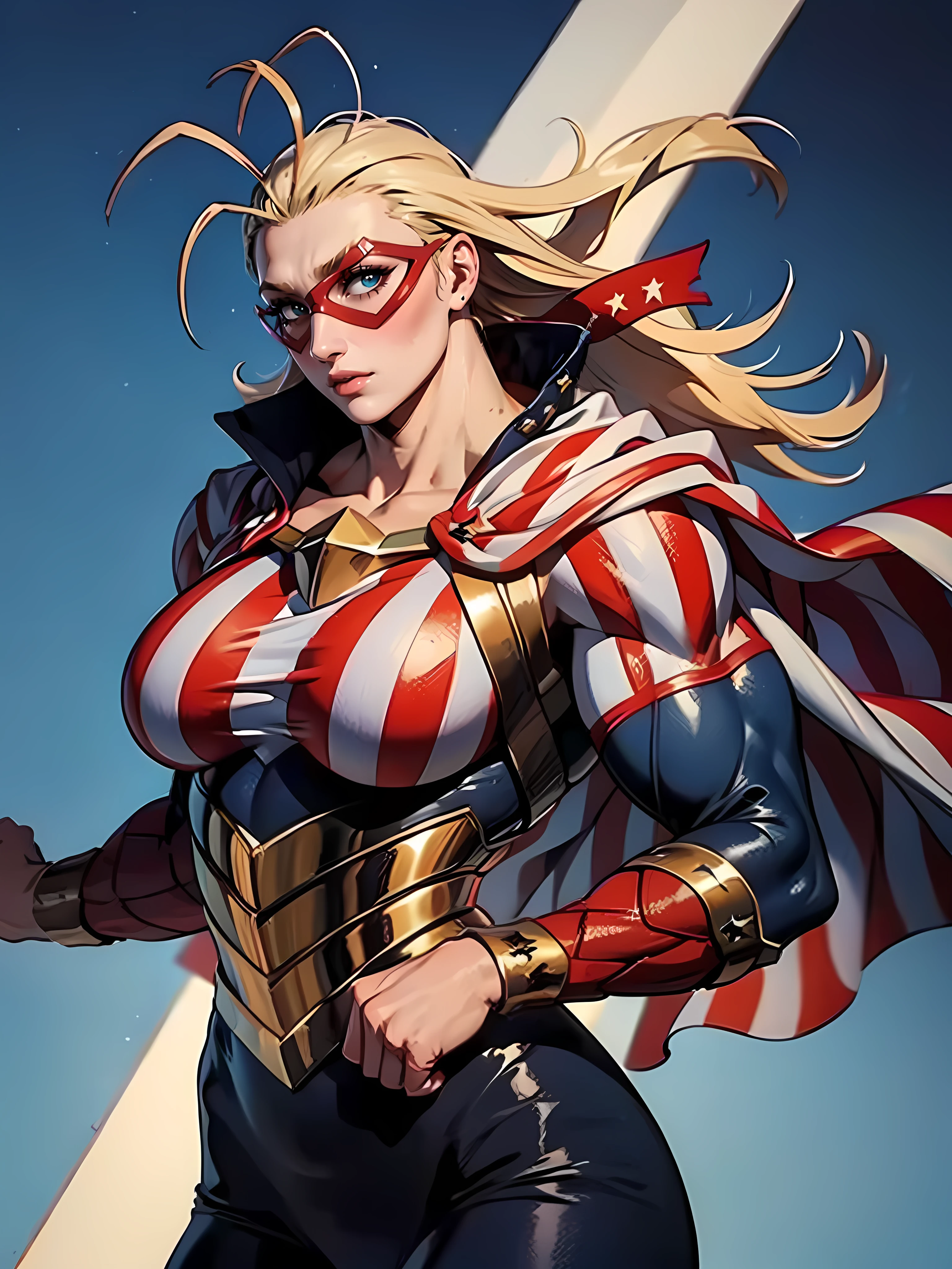 Masterpiece, Massive female bodybuilder, Huge Breasts:2, domino mask, american flag print, striped bodysuit, red cape,starandstripe, antenna hair