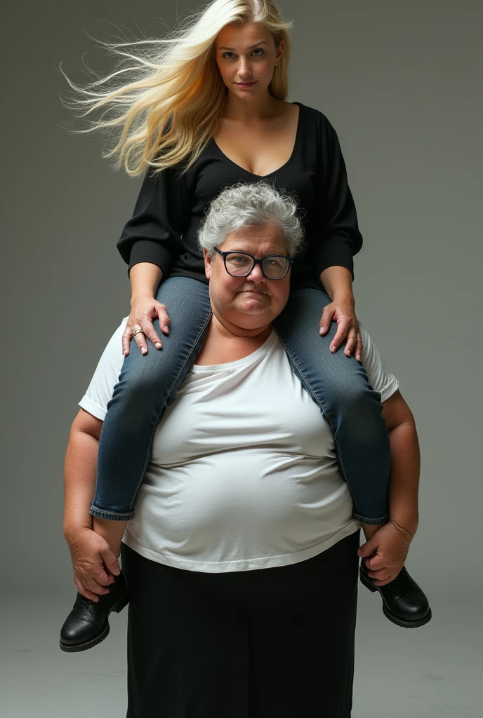 Create a photo of a 30 year old young woman, with a slender and beautiful body, wearing a black low-cut tank top and jeans, with white and clear skin, with long light brown hair and has her back to the camera as she is lifted high into the air by an obese black 90 year old lady, dark black skinned, who has short hair, who wears glasses and a blue dress