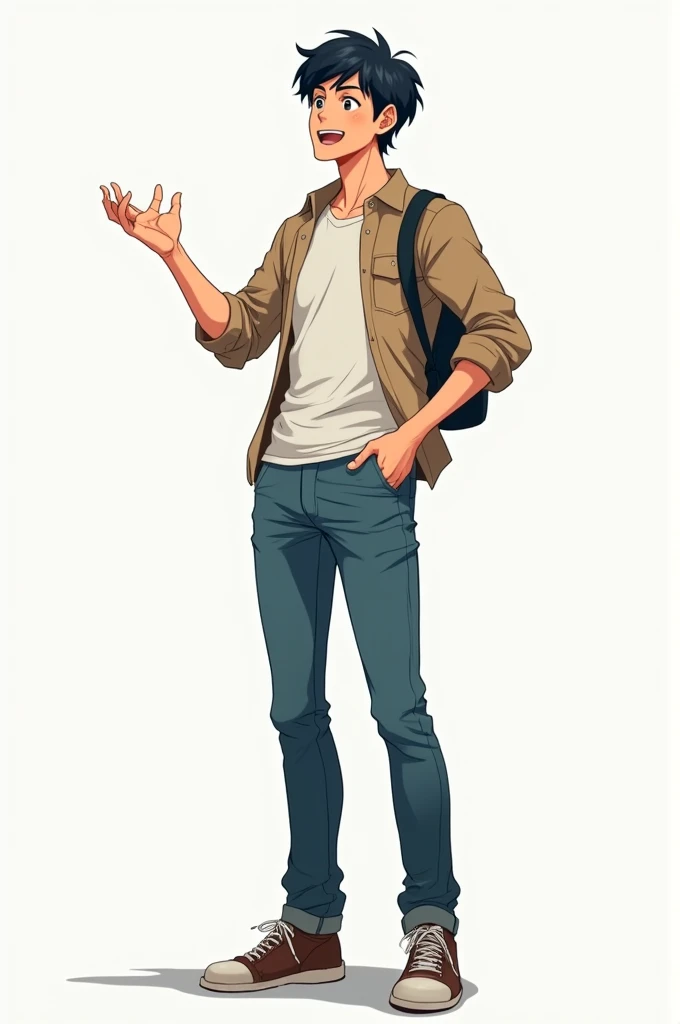 A guy standing, his body language is the body language of somebody talking, the guy is wearing a casual outfit, anime style, full body portrait