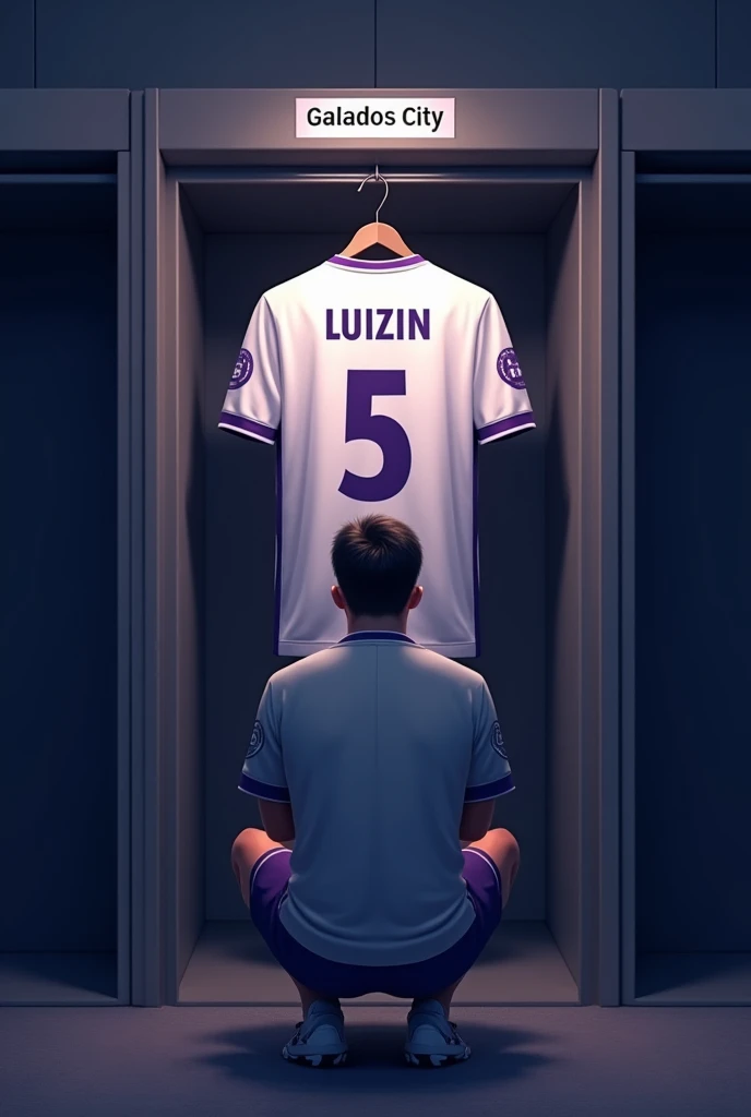 football locker room with a football player's cabin in this cabin there will be a white shirt with purple details (minimalists) on the collar and at the tip of the sleeve the shirt must be showing the back with the name LUIZIN highlighted and the shirt number must be number 5, the cabin at the top must contain the name of the club which is GALADOS CITY, all ambient light must be off, only the light of the sign with the name GALADOS CITY and a low light above the shirt indicating prominence must be on. (The image should be centered and not too far away) and the player with slightly dark skin, short black hair with a gradient and a beard showing that he cares about the current fashion style must be wearing pre-game clothes different from the shirt that is hanging in the locker room, the one he is wearing is gray with purple details on the sleeve and collar of the shirt and on the shorts, the player in the image must be on his knees facing forward with his head down (indicating pre-game concentration)