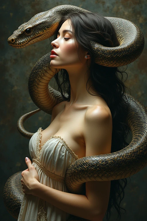 arafed femme tenant un serpent dans ses mains et un serpent dans sa main, femme serpent, queen of serpents, femme serpent hybrid, corps de serpent, serpent humain hybride, her many serpents as hair, mélangé avec un serpent, dame au visage de serpent, corps de serpent, dark queen of serpents, de Roberto Ferri, golden serpents, serpents, Art du serpent