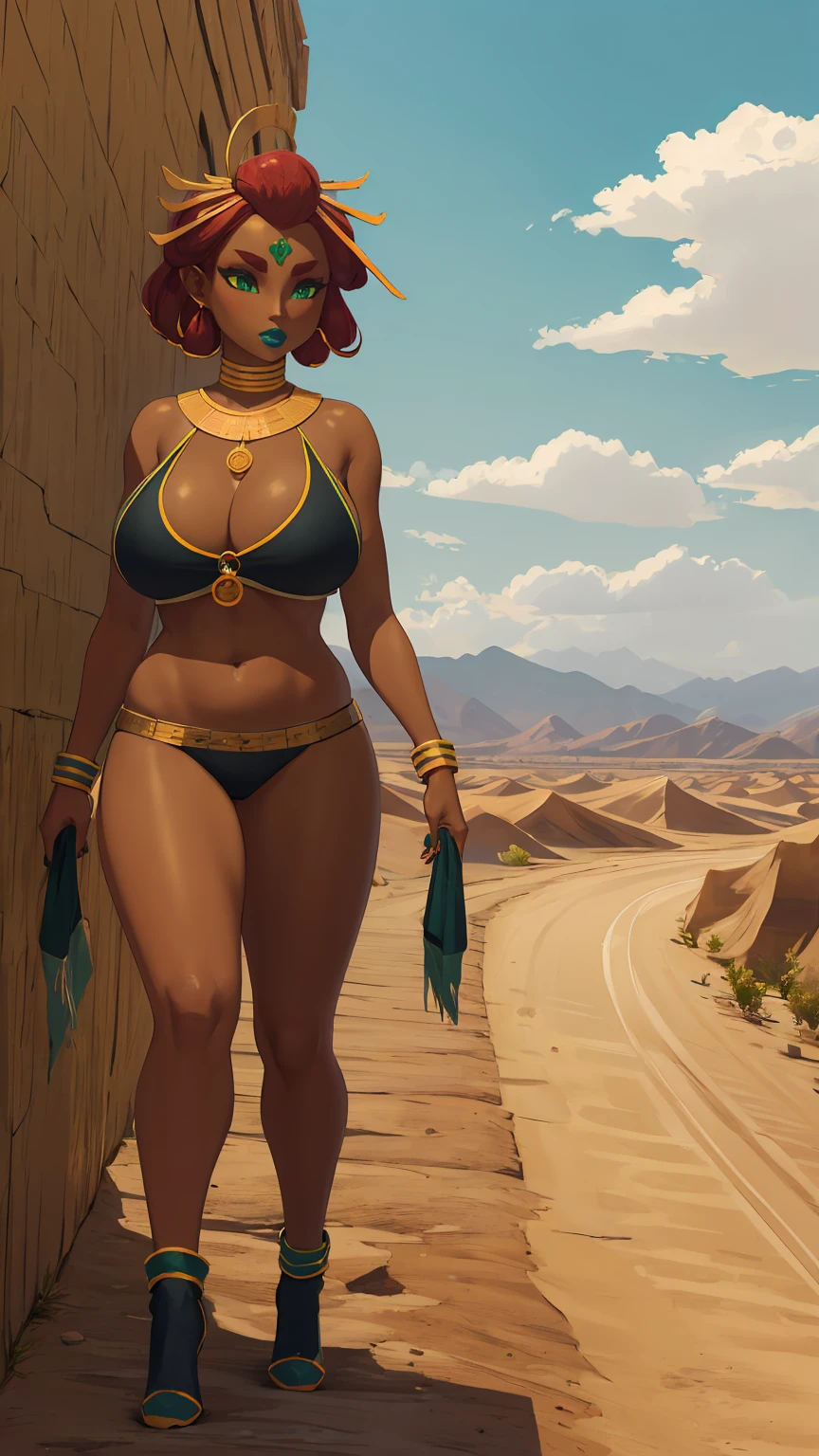 big breasts, green eyes, dark blue lips, walking through the desert, Whole body, river