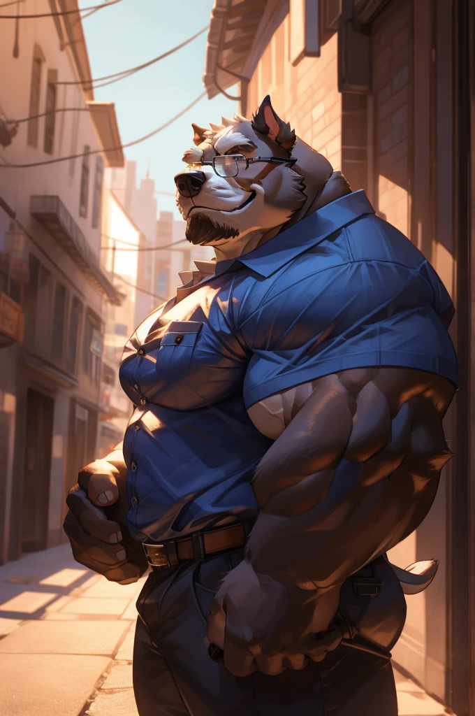 1boy, 1man, solo, a (furry bulldog) standing, (face, detailed face, glasses), city , front view, massive muscular , sixpack, (shirt), well-muscled old man. ((thick arms, huge pec, huge arms)), wide smiling. Add textures and details to make the image more realistic, such as the appearance of the. Make sure the resulting image is high resolution, 8K quality