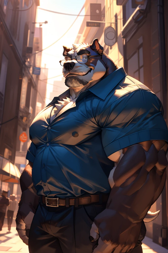 1boy, 1man, solo, a (furry bulldog) standing, (face, detailed face, glasses), city , front view, massive muscular , sixpack, (shirt), well-muscled old man. ((thick arms, huge pec, huge arms)), wide smiling. Add textures and details to make the image more realistic, such as the appearance of the. Make sure the resulting image is high resolution, 8K quality
