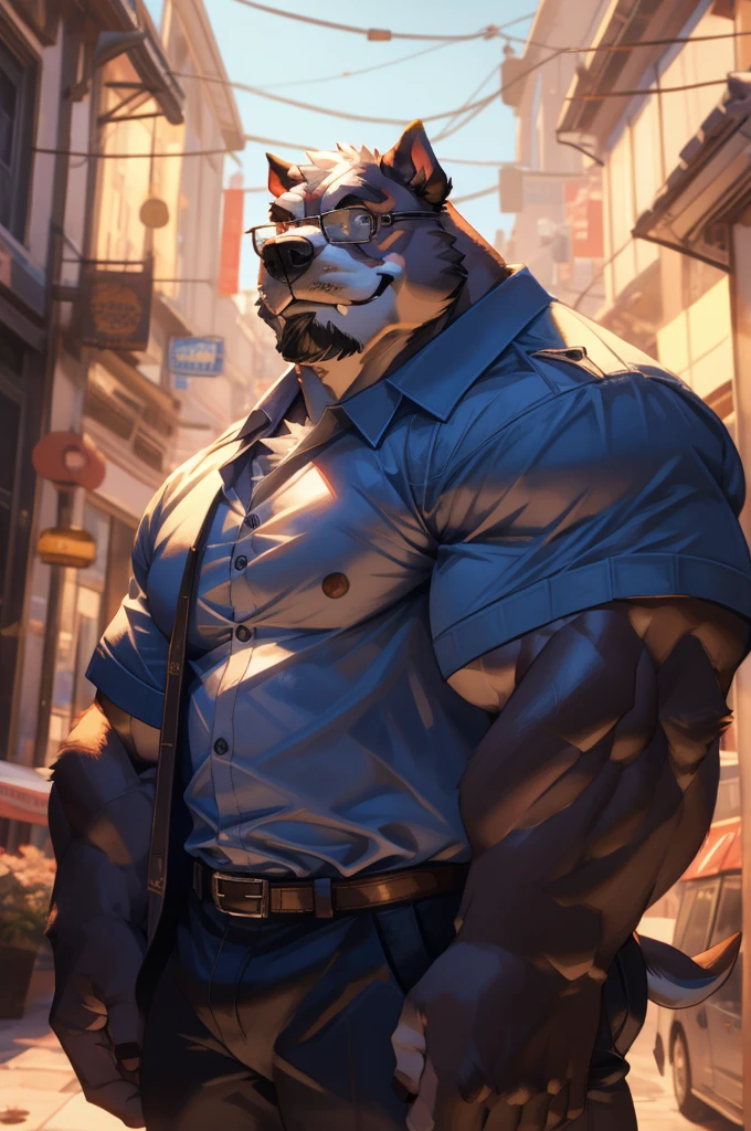 1boy, 1man, solo, a (furry bulldog) standing, (face, detailed face, glasses), city , front view, massive muscular , sixpack, (shirt), well-muscled old man. ((thick arms, huge pec, huge arms)), wide smiling. Add textures and details to make the image more realistic, such as the appearance of the. Make sure the resulting image is high resolution, 8K quality