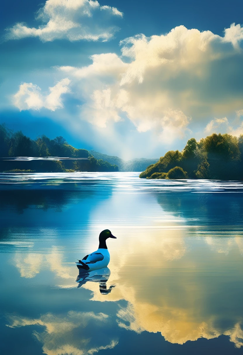 This is a detailed and artistic double exposure of a beautiful female profile with a perfect face. The woman is the owner of an elegant and graceful charm with long wavy hair. (A fascinating scene delicately depicting a clear blue sky and white clouds over a calm blue lake, applying the overlap technique where the background is exposed inside the silhouette of the woman's upper body: 1.3), the sky is painted in blue, yellow, white, and tones, and the silhouette of green trees is reflected in the water. There are also two ducks swimming in the lake. The entire composition is realistically made up of shades of white, blue, and gold, giving the entire image a vivid and dynamic feel., Vivid, Surrealistic Photography,