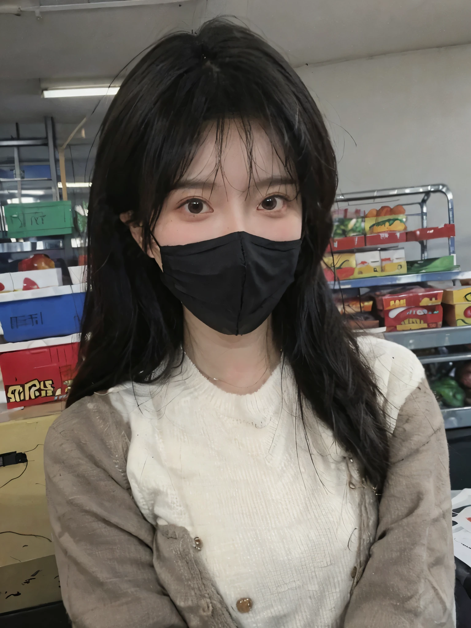 wear mask，Best quality，wear mask，Ultra-high resolution,(Realism:1.4)，wear mask，Cute hairpins，girll,Cropped black sweater，wear mask，Look directly at the audience，Full of atmosphere，Beautiful woman with a slim figure:1.4，supermarket，whole body，Super delicate face，Exquisite eyes，Double eyelids，necklace