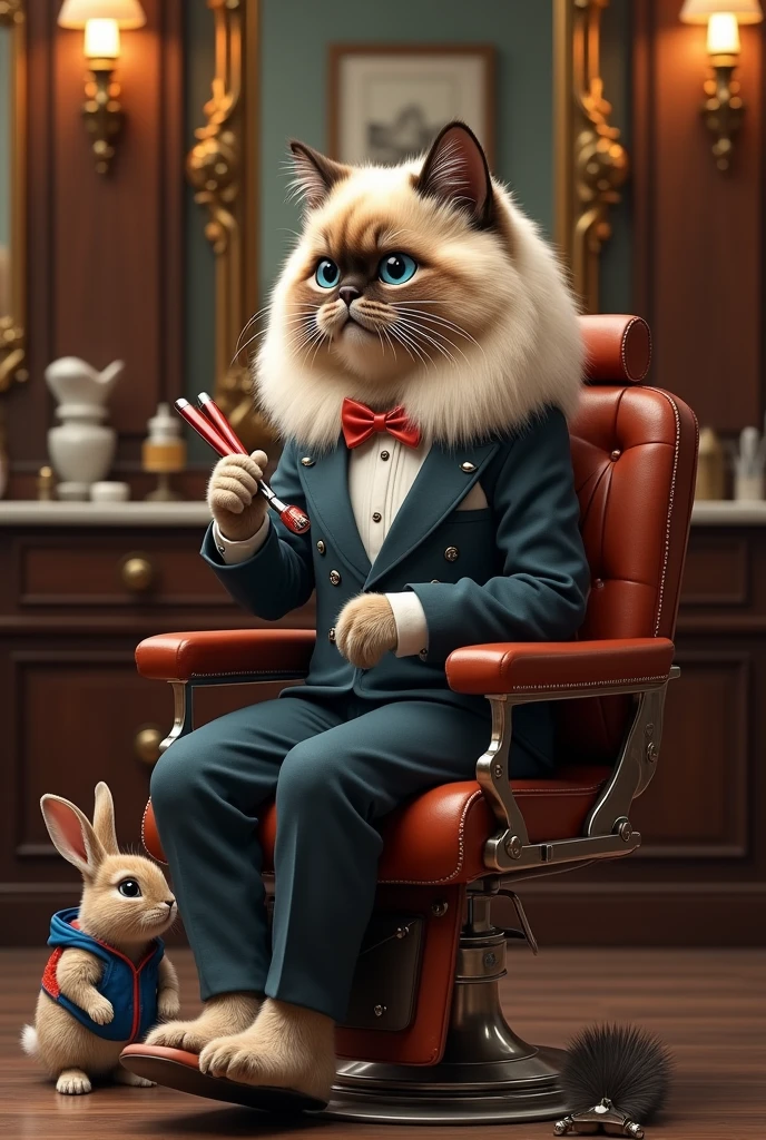 Himalayan cat hairdresser in hairdresser suit styling her hair on luxury chair in rich barber shop Rabbit in tracksuit Realistic and realistic, high definition details and full picture like real