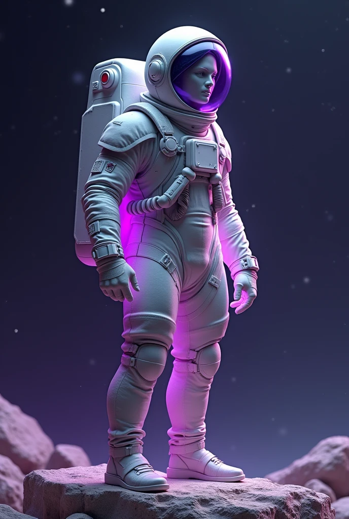 GREEK STATUE DRESSED IN AN ASTRONAUT OUTFIT WITH PURPLE DETAILS