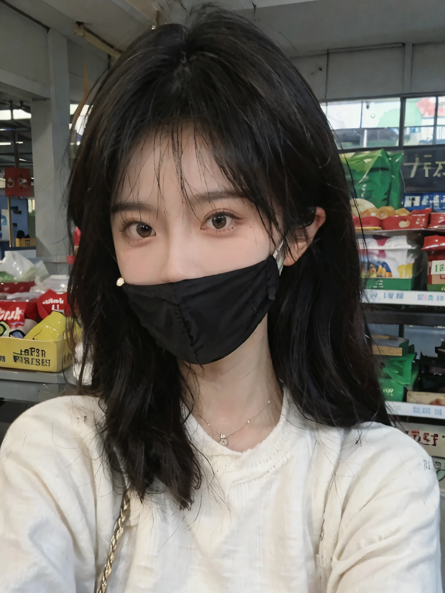 wear mask，Best quality，wear mask，Ultra-high resolution,(Realism:1.4)，wear mask，Cute hairpins，girll,Cropped black sweater，wear mask，Look directly at the audience，Full of atmosphere，Beautiful woman with a slim figure:1.4，supermarket，whole body，Super delicate face，Exquisite eyes，Double eyelids，necklace