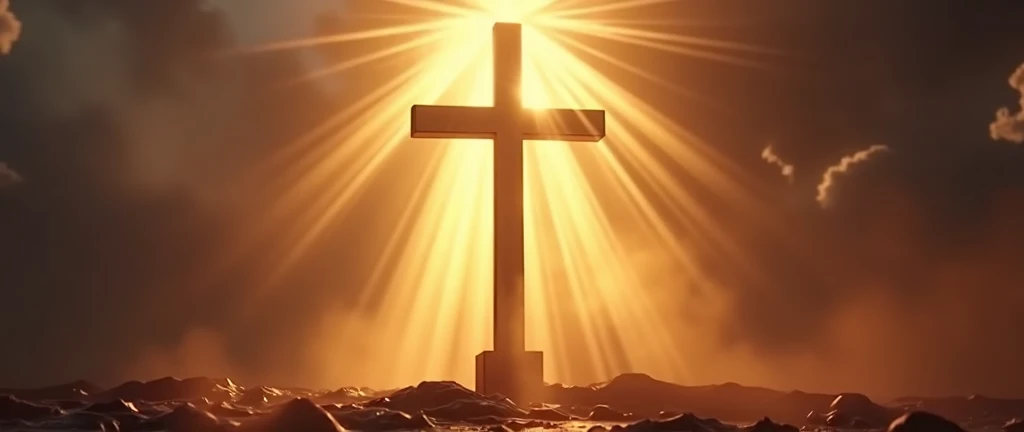 Image of the cross of christ, with rays of light illuminating it, having space for writing