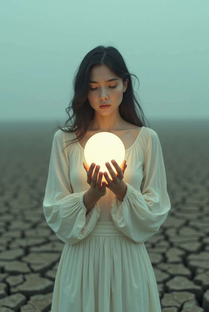 there is a woman holding a ball in a field, albi albi, inspired by Brooke Shaden, by Lucia Peka, Surrealistagraphy photo, Surreal photo, Brooke Shaden detailed, alexei gurylev photography, surreal portrait photography, by Brooke Shaden, Surreal photography, alexei kurylev photography, standing in a barren field