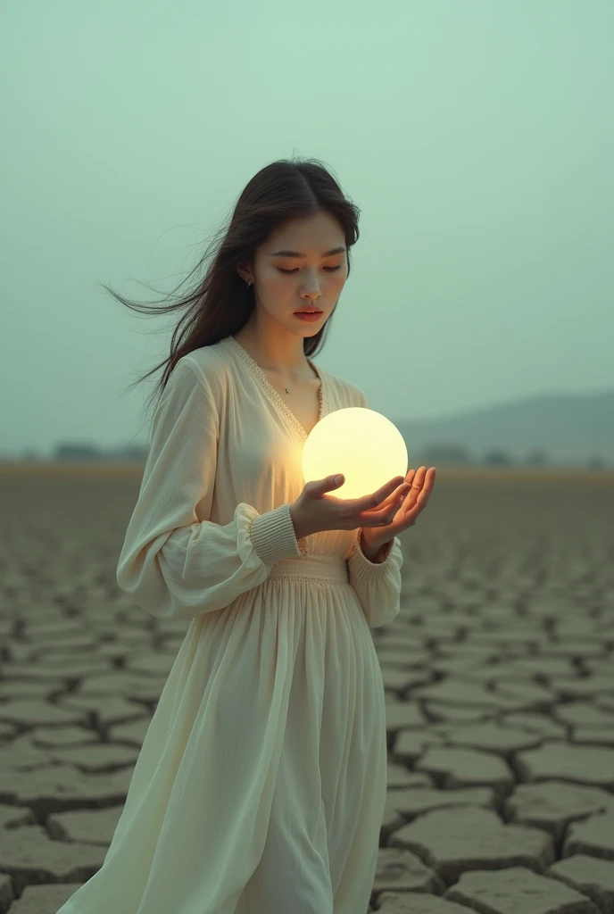 there is a woman holding a ball in a field, albi albi, inspired by Brooke Shaden, by Lucia Peka, Surrealistagraphy photo, Surreal photo, Brooke Shaden detailed, alexei gurylev photography, surreal portrait photography, by Brooke Shaden, Surreal photography, alexei kurylev photography, standing in a barren field
