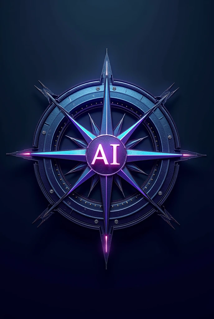 Créez un logo de société représentant une boussole au design hautement technologique, vue complètement de face. La boussole doit combiner des éléments raffinés avec une touche brute, exprimant l'excellence et la rigueur. Au centre de la boussole, gravez le mot "AI" avec une typographie élégante et précise. Utilisez une variation de bleu et de violet sur l'ensemble du logo pour accentuer le côté futuriste et technologique. Les couleurs doivent être harmonieusement intégrées pour créer un effet visuel captivant tout en préservant une esthétique sophistiquée et solide. Assurez-vous que le design soit clairement visible de face, avec une présentation symétrique et équilibrée