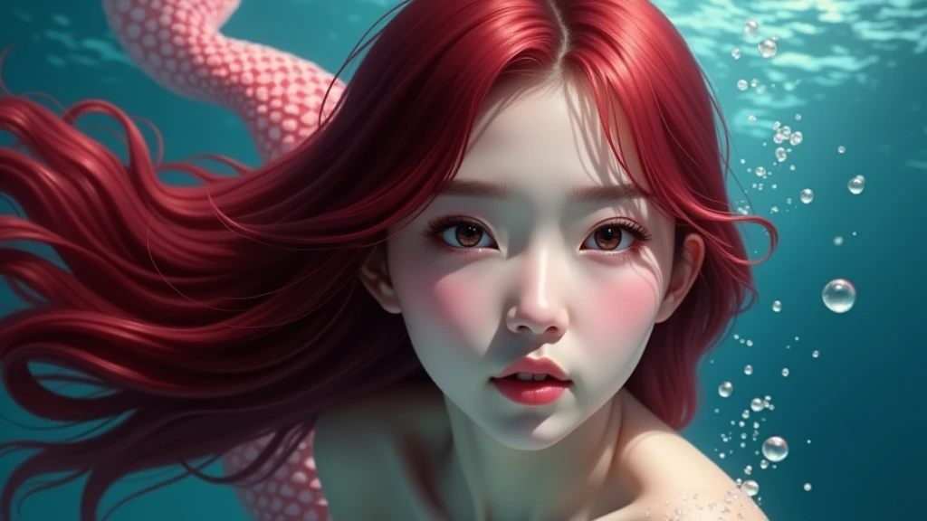 A realistic image of an Asian girl with red hair and a red mermaid tail, swimming underwater. Her face is the main focus of the image.
