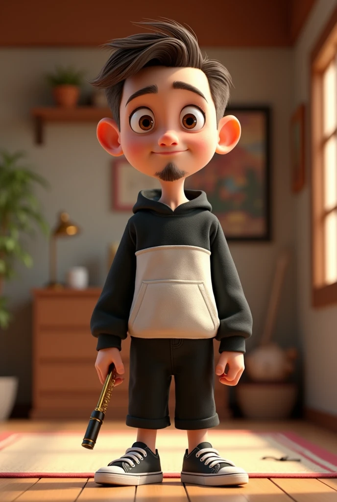 3D pixar style, a 2 young man, white, thin face, thick lips, small brown eyes. White skin, brown wavy hair. Thin goatee In a black and white sweatshirt, black sneakers, with a gold ring on his left finger holding a chaco. In a nunchako room style environment. he have a badboy expression
cabelo curto