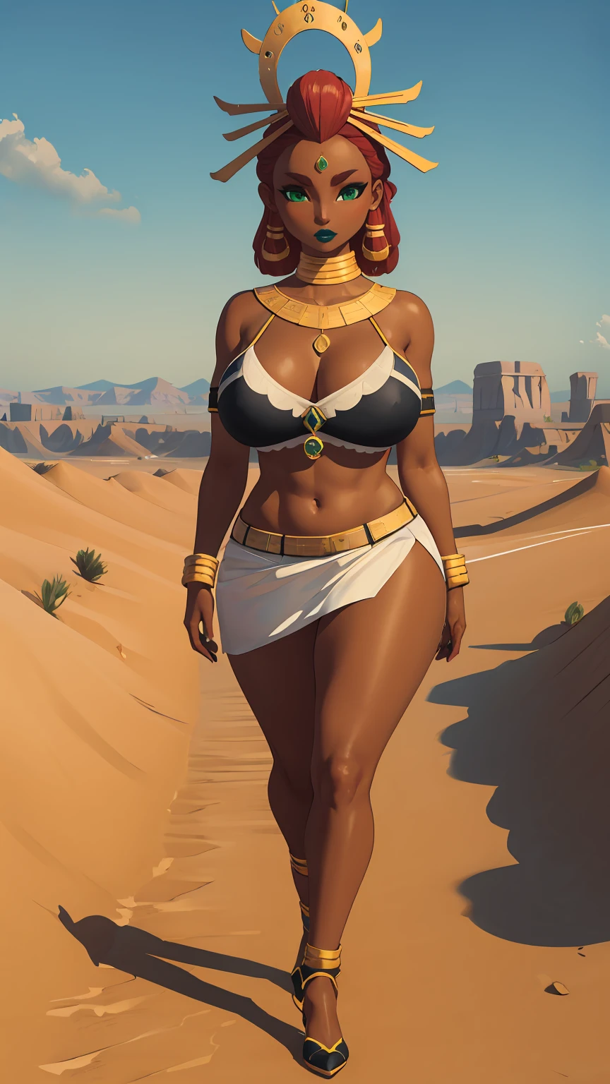 big breasts, green eyes, dark blue lips, walking through the desert, Whole body, river, (Big breasts)