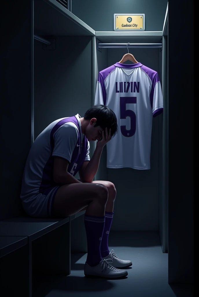 Make an image of ONE player tying his boots alone, with lights completely obscuring his face and him with short black hair, the locker room is dark and the spotlights are shining on him and the Galados City team, uniform in white and purple colors and I want you to put a shirt behind and on top of it with the number 5 and the name LUIZIN. Make your surroundings completely dark. LET HIM keep his head completely down and focused, and I just want 1 shirt behind him. put the team name “Galados City” on a sign above the shirt and below the spotlight. let him sit on a bench. put on just 1 shirt and that shirt will be above it, on a coat rack and below the sign “Galados City”. the shirt above him in purple and white. put the player on his back and looking at his shirt fully focused, make him with medium dark skin and black features and straight hair. LAY WITH YOUR BACK AND FACING THE SHIRT ON THE HANGER