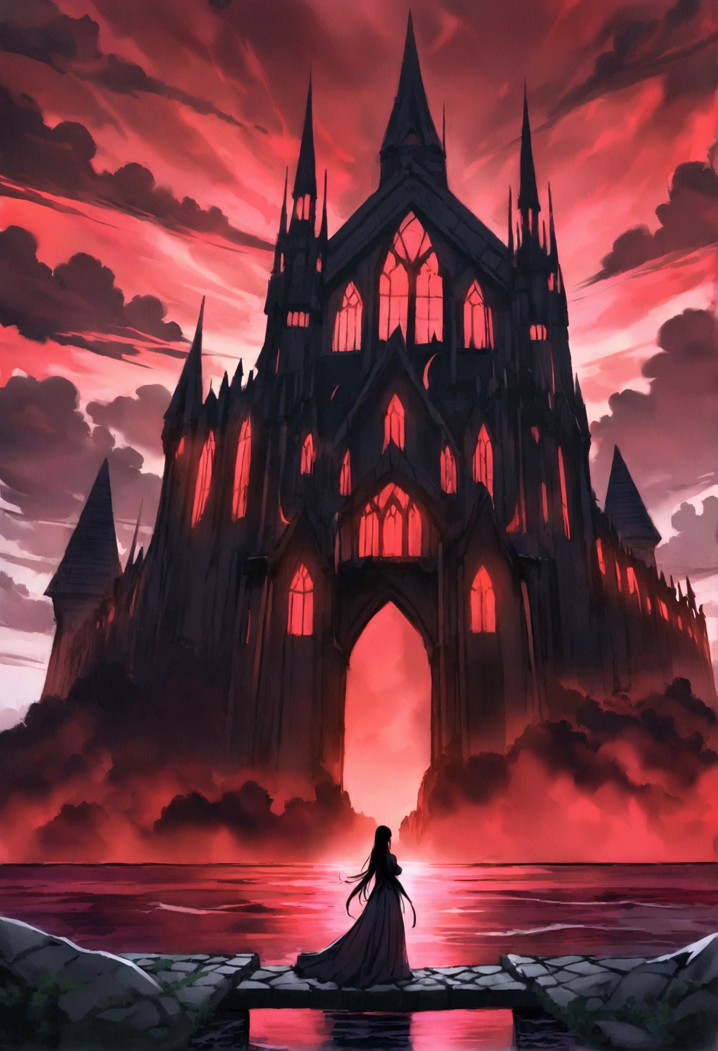 Majestic Gothic CastleThe castle stands imposingly in a setting of sinister and grandiose beauty. Its tall, thin towers, covered in dark, polished stones, seem to touch the reddish sky. The castle walls are adorned with intricate gargoyles and stained glass windows with wrought iron patterns., that project shadows and red lights over the interior corridors.The structure is surrounded by a deep and enigmatic red sea, whose waves shine with a scarlet hue, reflecting the red light of the sky. The sea, sometimes calm, sometimes agitated, seems to pulse with a mystical energy. The castle is situated on a small island, accessible only by a stone path that emerges from the red waters like a ghostly bridge.The sky above is a vast expanse of burnt reds and oranges, with dark, dense clouds moving slowly, casting an ominous and dramatic light on the castle. The glow of the red sky illuminates the Gothic architecture of the castle, accentuating its majestic and imposing appearance.