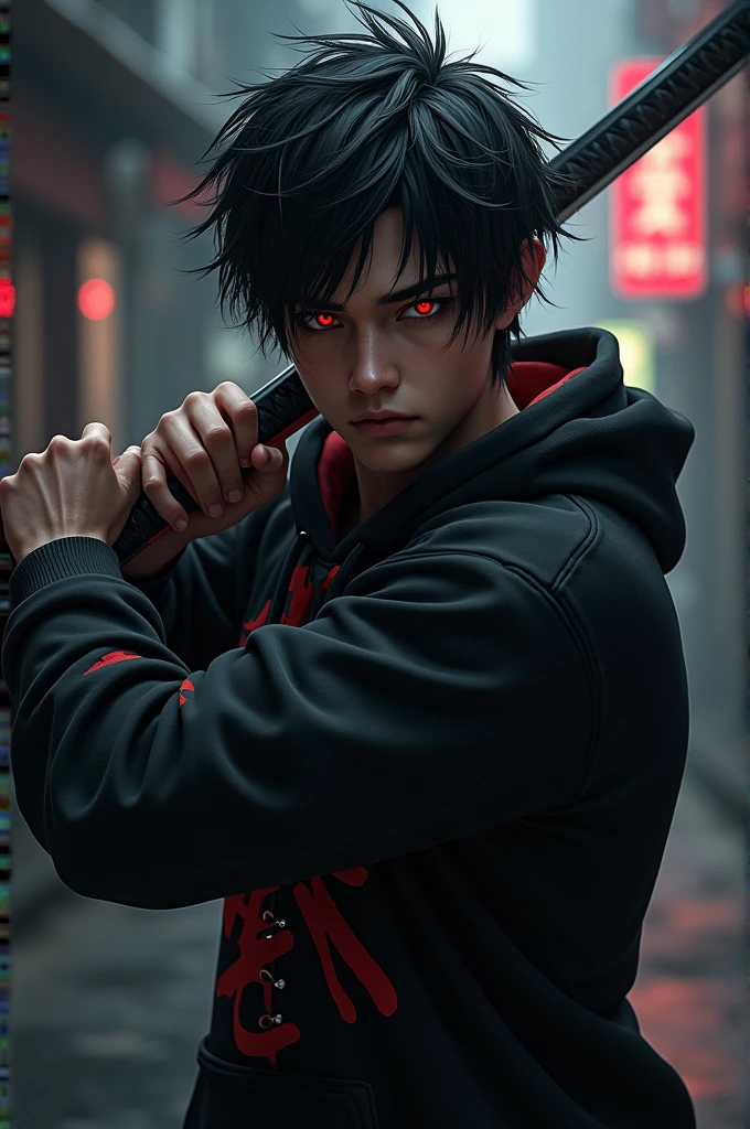 Male character with red eyes, black hair thrown to one side, black sweatshirt with red details and a katana