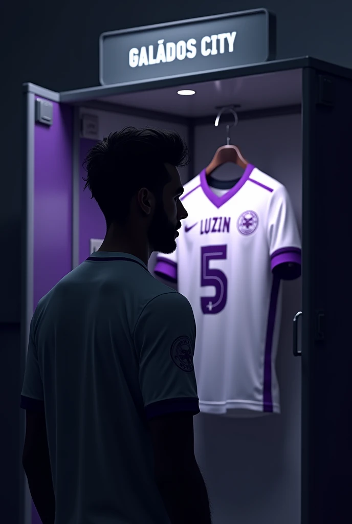 football locker room with a football player&#39;s cabin in this cabin there will be a white shirt with purple details (minimalists) on the collar and at the tip of the sleeve the shirt must be showing the back with the name LUIZIN highlighted and the shirt number must be number 5, the cabin at the top must contain the name of the club which is GALADOS CITY, all ambient light must be off, only the light of the sign with the name GALADOS CITY and a low light above the shirt indicating prominence must be on. (The image should be centered and not too far away) and the player with slightly dark skin, short black hair with a gradient and a beard showing that he cares about the current fashion style must be wearing pre-game clothes different from the shirt that is hanging in the locker room, the one he is wearing is gray with purple details on the sleeve and collar of the shirt and on the shorts, the player in the image must be tying his shoes and concentrating (indicating pre-game concentration) ( only the player&#39;s silhouette should appear)