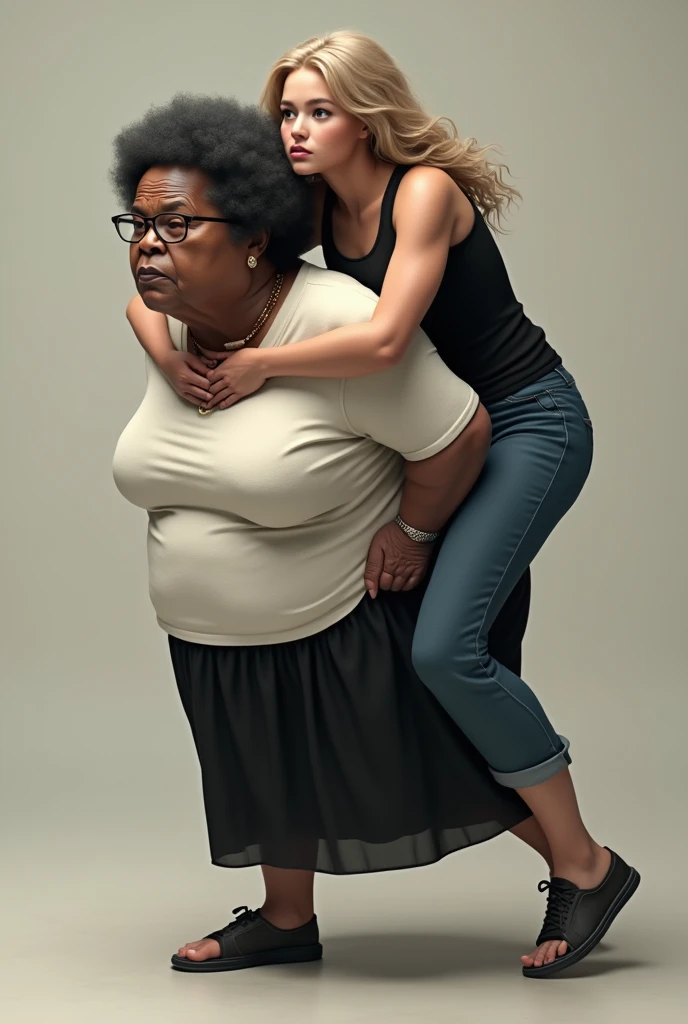Create a realistic image of a 90 year old woman, obese, with black and dark skin, with short hair, wearing a white shirt and black skirt and wearing prescription glasses, carrying on his shoulders a young woman of 25 years of age, with light white skin, blonde hair long, slim body, wearing a tight black long sleeved blouse and wearing jeans.