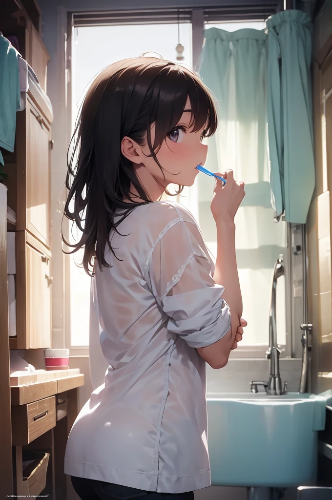 a woman brushing her teeth, back view, sleepy side profile, messy hair, bedhead, (best quality,4K,8k,highres,masterpiece:1.2),ultra-detailed,(realistic,photorealistic,photo-realistic:1.37),intricate details,natural lighting,soft muted colors,morning routine,everyday life,comfortable home setting,intimate moment,cozy atmosphere,In underwear, 