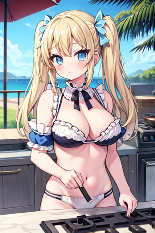 Blonde with blue eyes、maidbikini staff、Large Breasts、Twin tails、Girl Brat,Large Breasts,Cute eyes,Puffy eyes,seasidecafe,yakisoba cooking,outdoor kitchen,